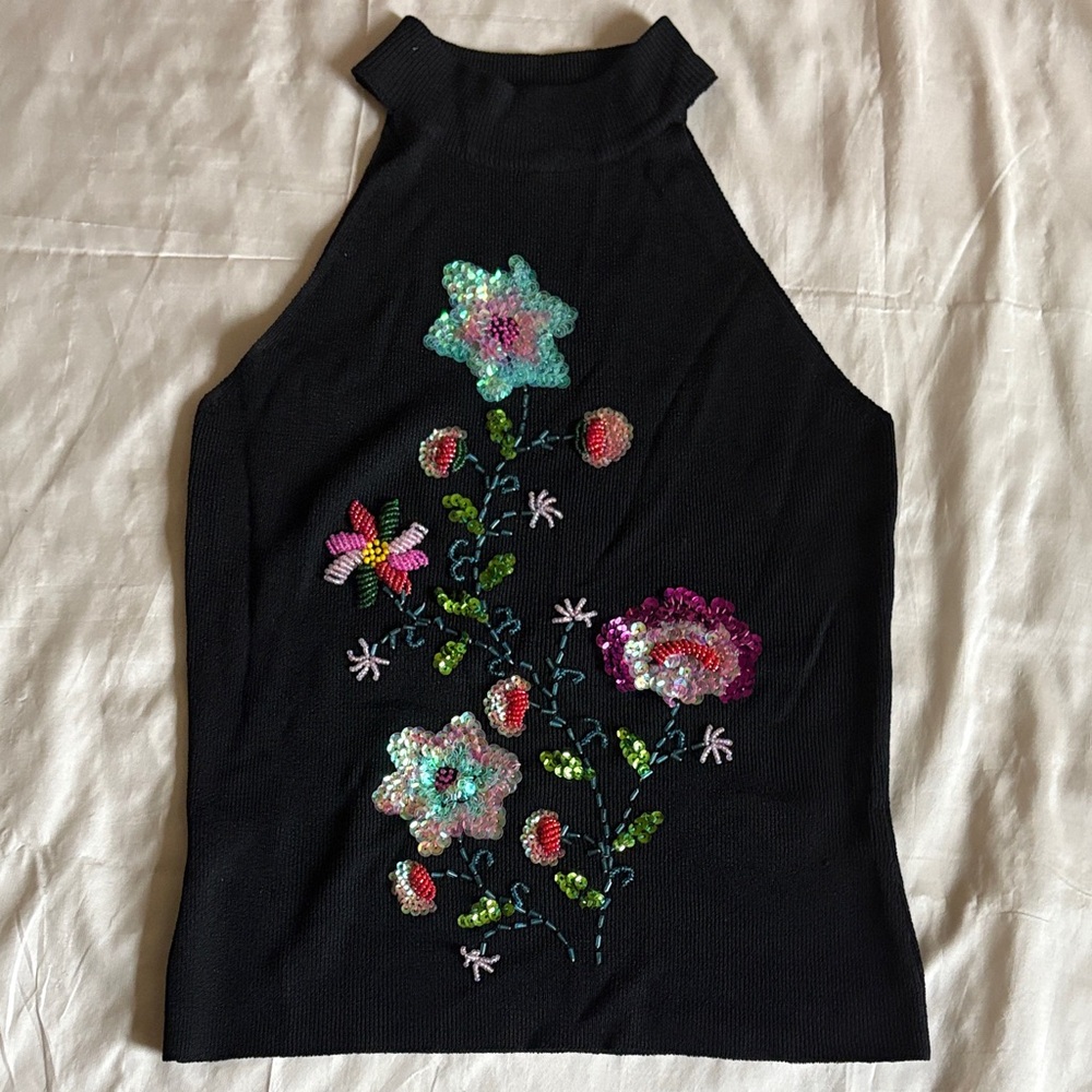 Source Unknown Black Floral Embroidered Tank Top